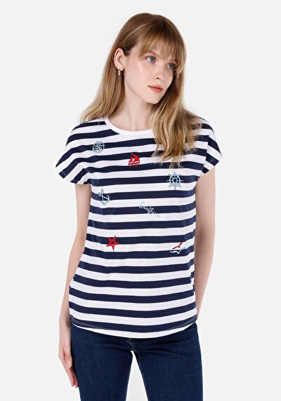 Image de T-shirt À Manches Courtes Marine Regular Fit Rayé Femme