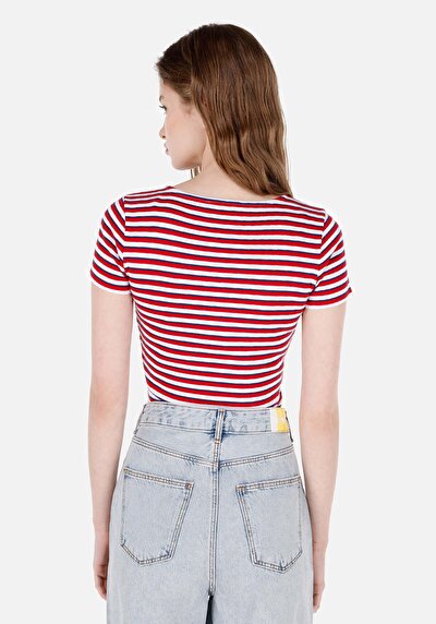 Image de T-shirt À Manches Courtes Rouge Slim Fit Rayé Femme