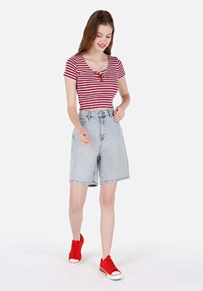 Image de T-shirt À Manches Courtes Rouge Slim Fit Rayé Femme