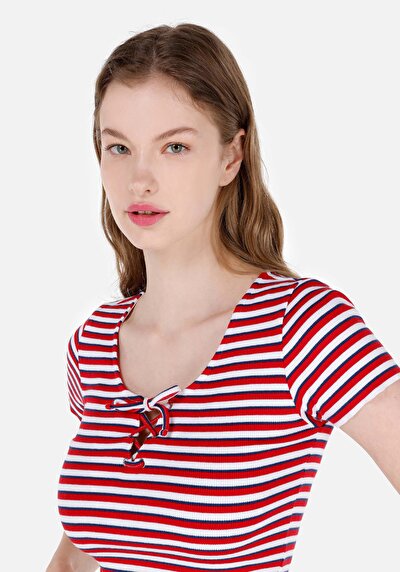 Image de T-shirt À Manches Courtes Rouge Slim Fit Rayé Femme
