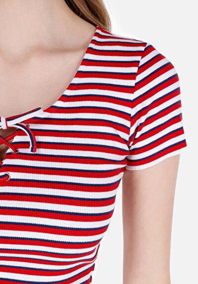 Image de T-shirt À Manches Courtes Rouge Slim Fit Rayé Femme
