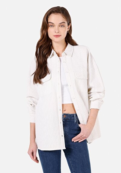 Afficher les détails de Chemise À Manches Longues Blanc Regular Fit Rayé Oxford Femme