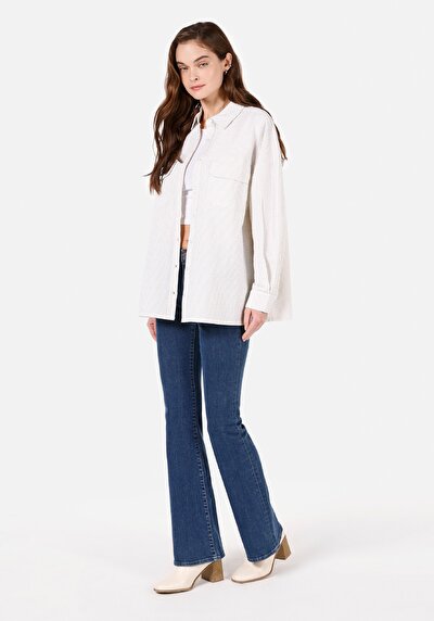 Image de Chemise À Manches Longues Blanc Regular Fit Rayé Oxford Femme