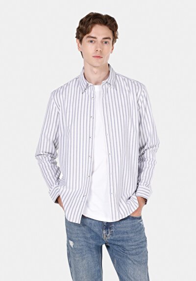 Image de Chemise À Manches Longues Bleu Slim Fit Rayé Popeline Homme
