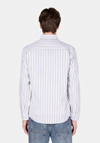 Image de Chemise À Manches Longues Bleu Slim Fit Rayé Popeline Homme