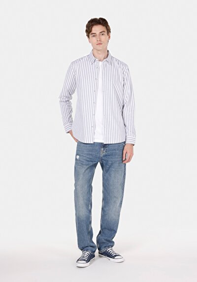 Image de Chemise À Manches Longues Bleu Slim Fit Rayé Popeline Homme