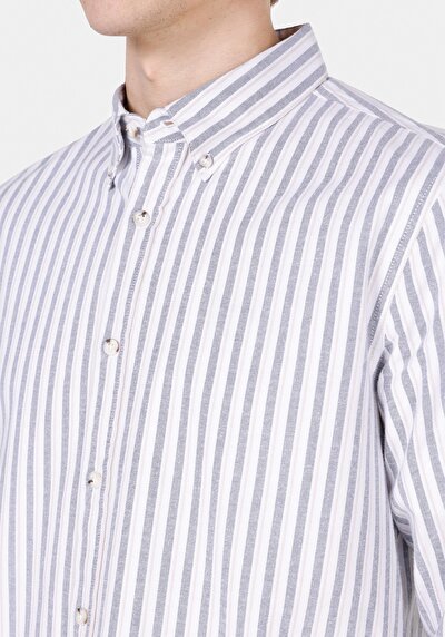 Image de Chemise À Manches Longues Bleu Slim Fit Rayé Popeline Homme