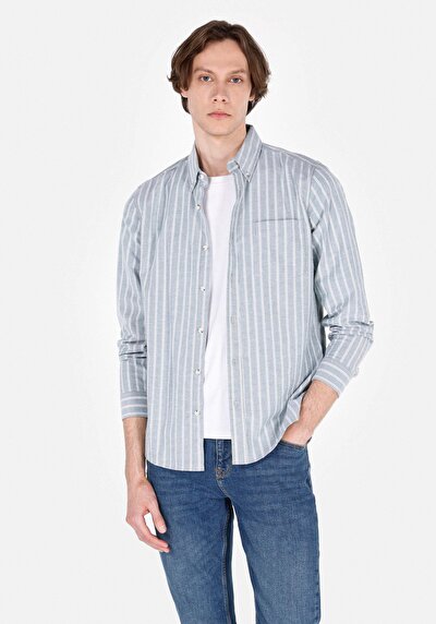 Image de Chemise À Manches Longues Vert Slim Fit Rayé Popeline Homme