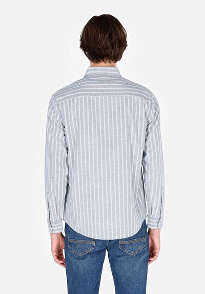 Image de Chemise À Manches Longues Vert Slim Fit Rayé Popeline Homme