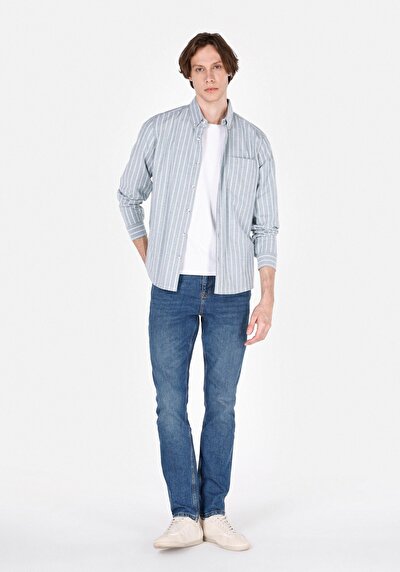 Image de Chemise À Manches Longues Vert Slim Fit Rayé Popeline Homme