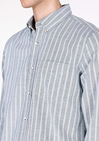 Image de Chemise À Manches Longues Vert Slim Fit Rayé Popeline Homme