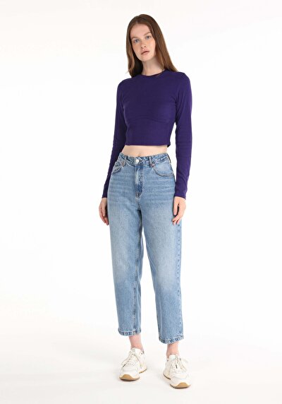 Image de 851 Orya Pantalon Bleu Tapered Leg High Rise En  Barrel Fit Femme