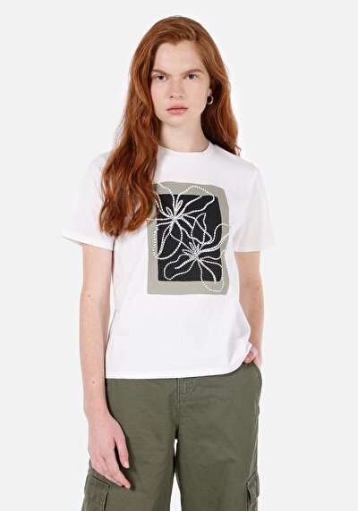 Image de T-shirt À Manches Courtes Blanc Regular Fit Imprimé Femme