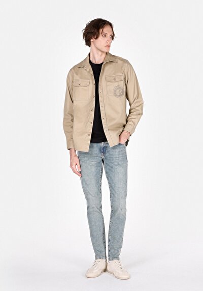 Image de Chemise À Manches Longues Beige Comfort Fit Droit Gabardine Homme