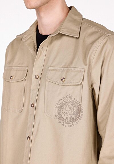 Image de Chemise À Manches Longues Beige Comfort Fit Droit Gabardine Homme