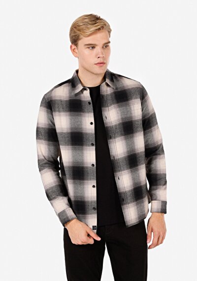 Image de Chemise À Manches Longues Noir Regular Fit Plaid Gabardine Homme