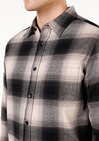 Image de Chemise À Manches Longues Noir Regular Fit Plaid Gabardine Homme