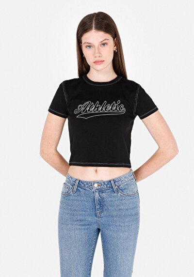 Image de T-shirt À Manches Courtes Noir Slim Fit Imprimé Femme