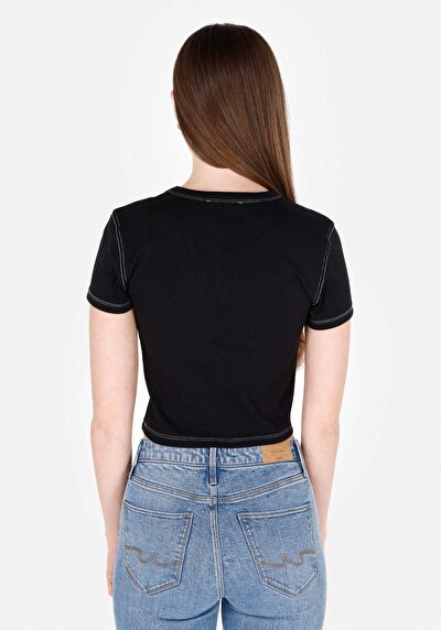 Image de T-shirt À Manches Courtes Noir Slim Fit Imprimé Femme