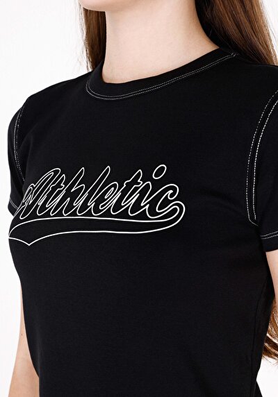 Image de T-shirt À Manches Courtes Noir Slim Fit Imprimé Femme