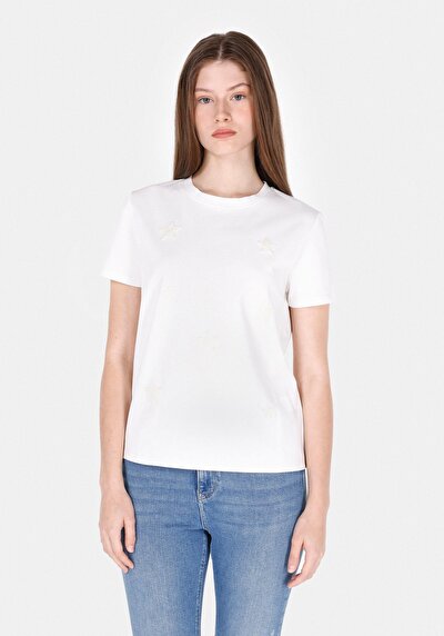 Afficher les détails de T-shirt À Manches Courtes Blanc Regular Fit Brodé Femme