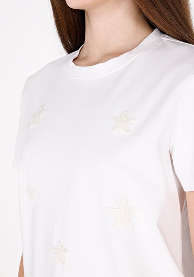 Afficher les détails de T-shirt À Manches Courtes Blanc Regular Fit Brodé Femme