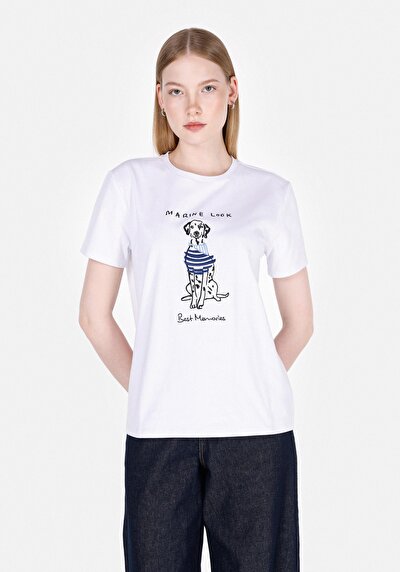 Image de T-shirt À Manches Courtes Blanc Regular Fit Imprimé Femme