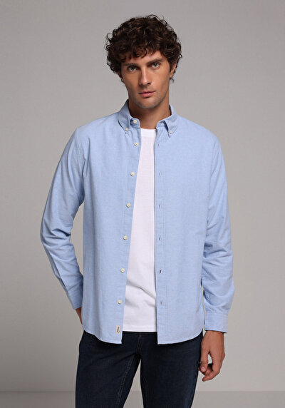 Image de Chemise À Manches Longues Bleu Regular Fit Droit Oxford Homme