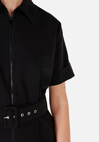 Image de Robe Noir Regular Fit Manches Courtes Mdi Sergé Femme