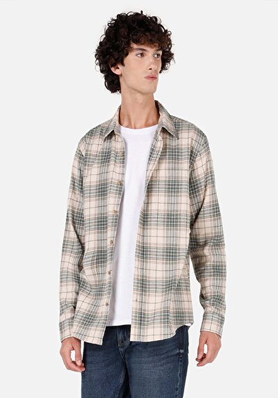 Image de Chemise À Manches Longues Beige Regular Fit Plaid Sergé Homme