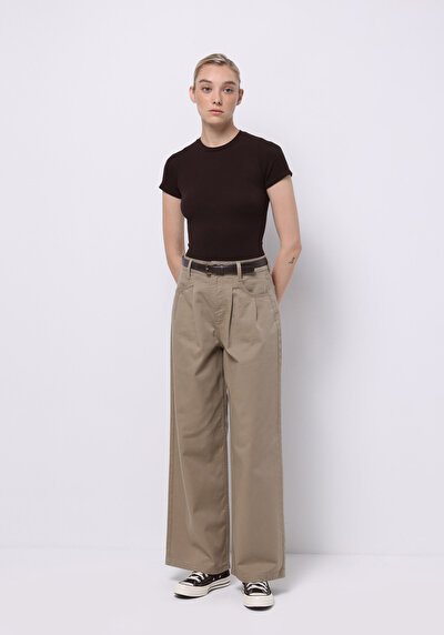 Afficher les détails de Pantalon Beige Wide Leg High Rise En Sergé Regular Fit Femme