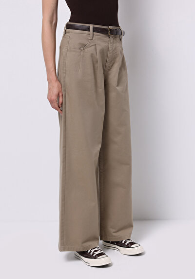 Afficher les détails de Pantalon Beige Wide Leg High Rise En Sergé Regular Fit Femme