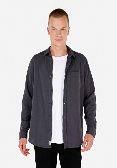 Image de Chemise À Manches Longues Anthracite Regular Fit Droit Gabardine Homme