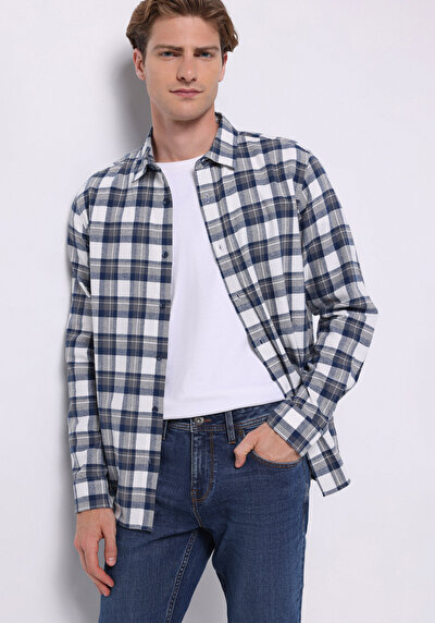 Image de Chemise À Manches Longues Marine Regular Fit Plaid Sergé Homme