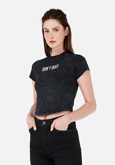 Afficher les détails de T-shirt À Manches Courtes Anthracite Slim Fit Imprimé Femme