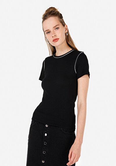Image de T-shirt À Manches Courtes Noir Slim Fit Droit Femme