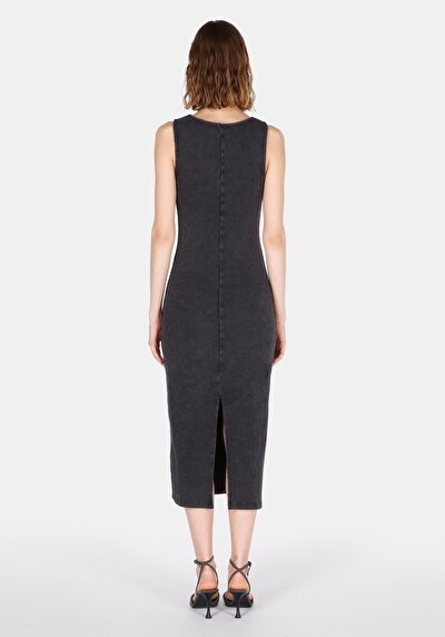 Image de Robe Anthracite Slim Fit Sans Manches Mdi Côtelé Femme