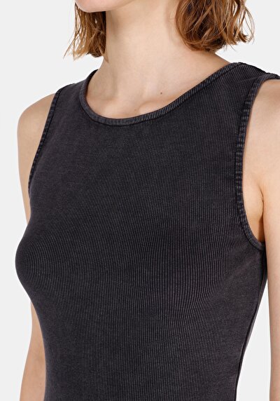 Image de Robe Anthracite Slim Fit Sans Manches Mdi Côtelé Femme