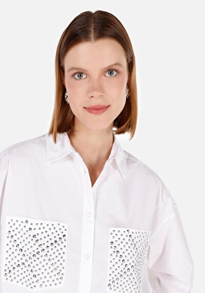 Image de Chemise À Manches Longues Blanc Relaxed Fit Droit Popeline Femme