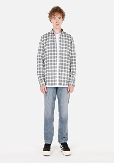 Image de Chemise À Manches Longues Ecru Slim Fit Plaid Sergé Homme
