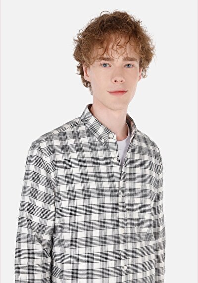 Image de Chemise À Manches Longues Ecru Slim Fit Plaid Sergé Homme