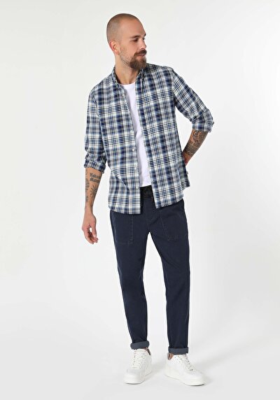 Image de Chemise À Manches Longues Bleu Slim Fit Plaid Popeline Homme