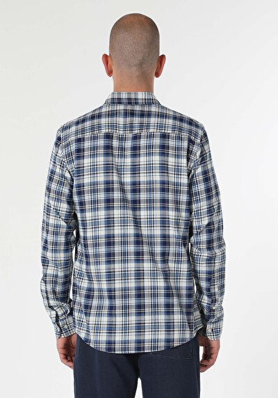 Image de Chemise À Manches Longues Bleu Slim Fit Plaid Popeline Homme