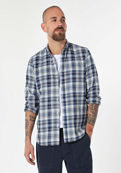 Image de Chemise À Manches Longues Bleu Slim Fit Plaid Popeline Homme