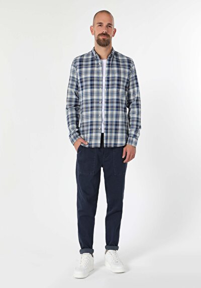 Image de Chemise À Manches Longues Bleu Slim Fit Plaid Popeline Homme