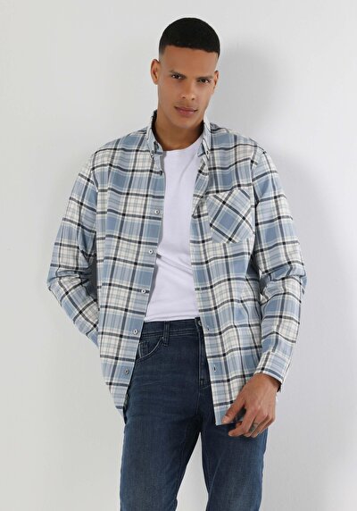 Image de Chemise À Manches Longues Bleu Regular Fit Plaid Gabardine Homme
