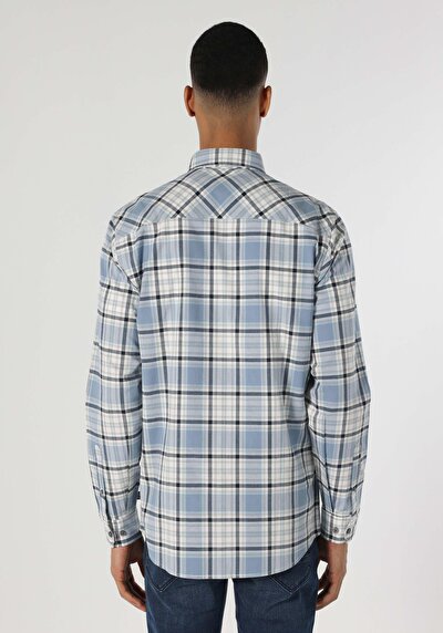 Image de Chemise À Manches Longues Bleu Regular Fit Plaid Gabardine Homme