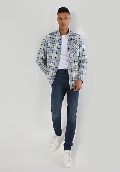 Image de Chemise À Manches Longues Bleu Regular Fit Plaid Gabardine Homme