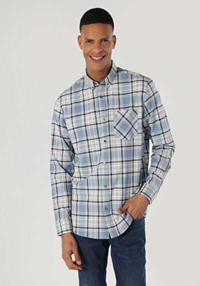 Image de Chemise À Manches Longues Bleu Regular Fit Plaid Gabardine Homme