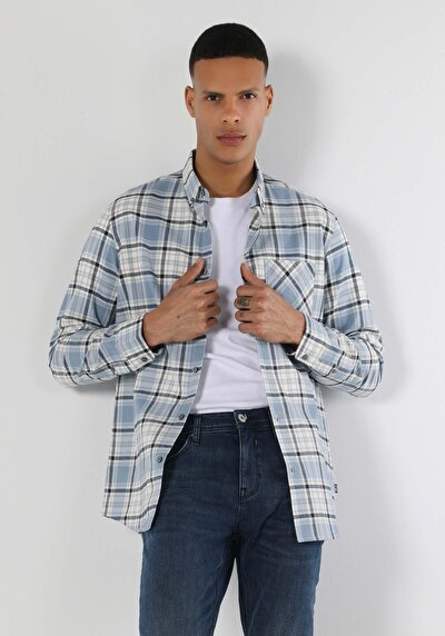 Image de Chemise À Manches Longues Bleu Regular Fit Plaid Gabardine Homme